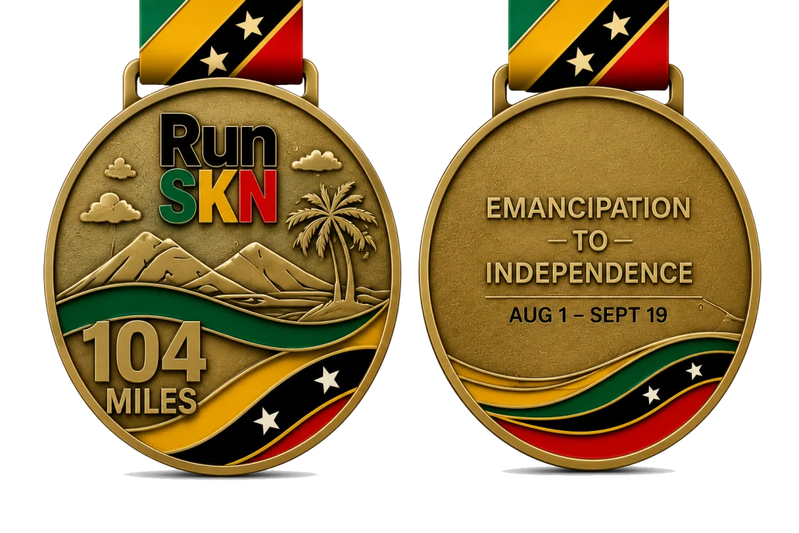 Run SKN 104 Miles finisher medal, front and back
